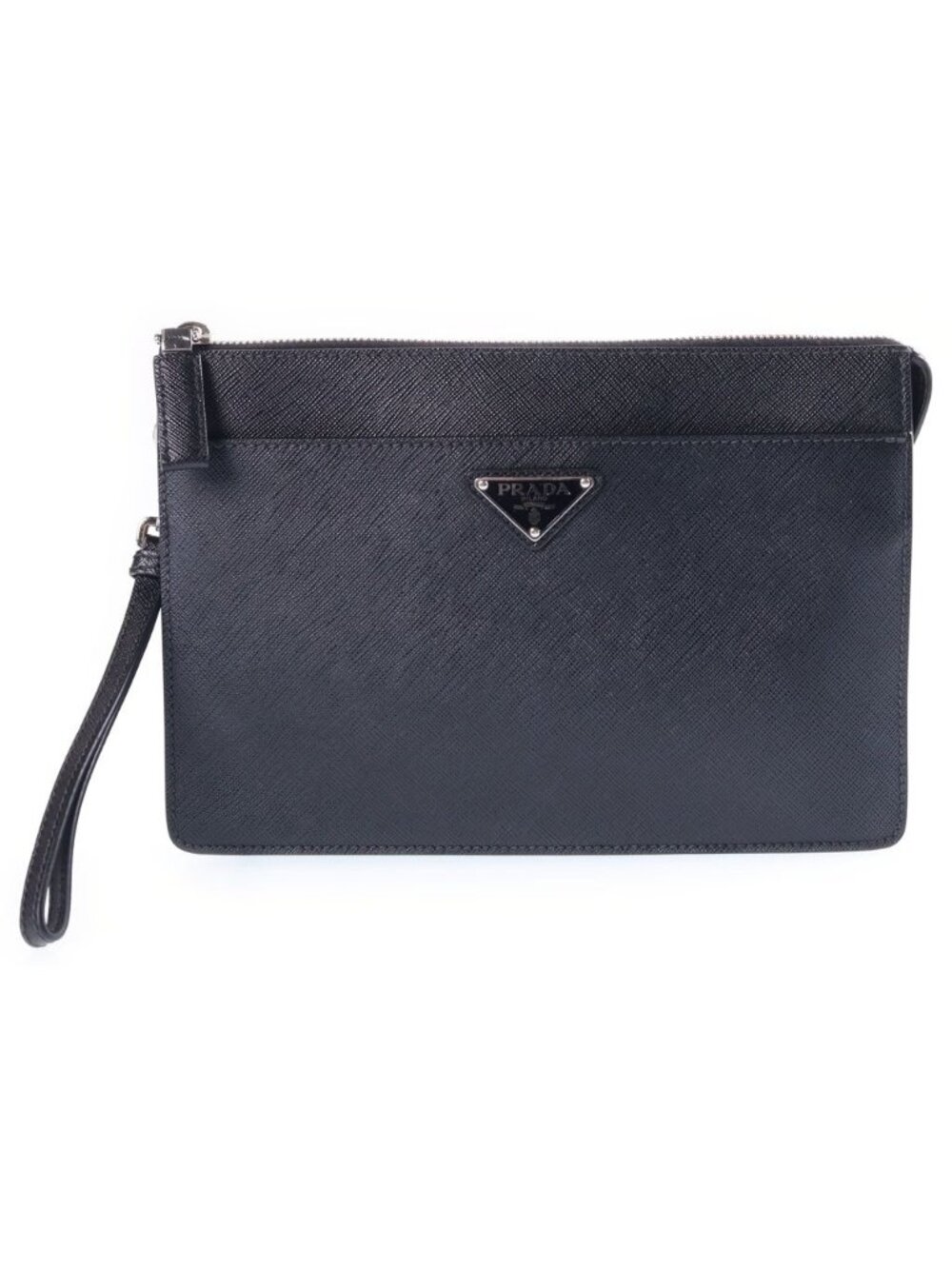 Prada Saffiano Clutch Pouch Black Leather Silver